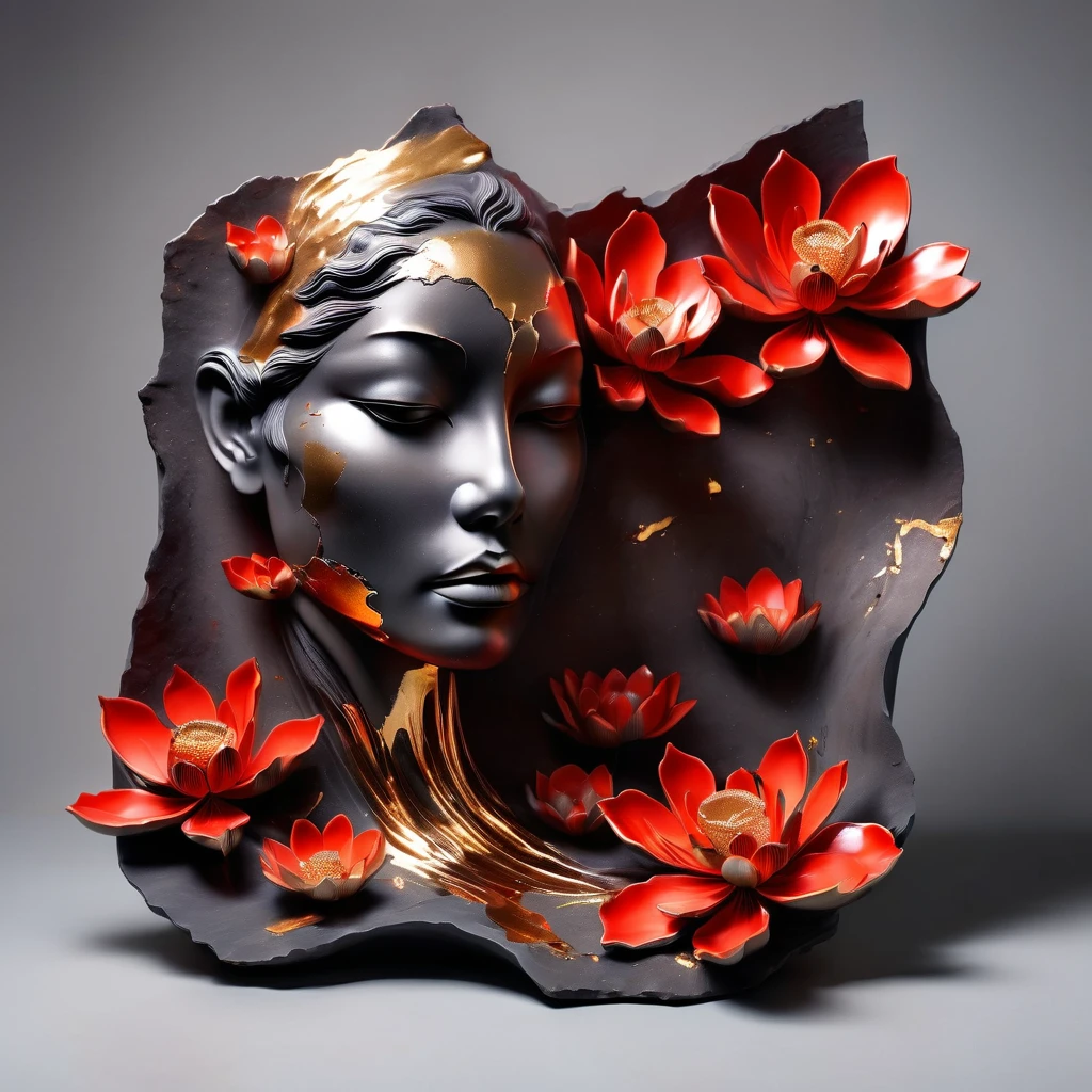 ((exhibition,Still Life Table,Artistic statues,3D sculpture,ceramics,Surface cracks,Broken texture)), mercy,thin neck,Show the beauty of nature.Black & Red Theme,by Kane,gold powder, This work is presented on a gray background..,Highlight its artistic qualities.Ray tracing