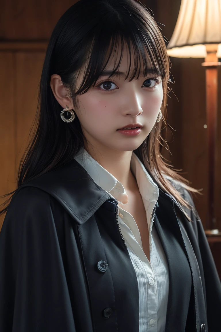 (Highest quality:1.4),(masterpiece:1.4),(Realistic:1.4),(Realistic:1.2),(超High resolution, RAW Photos:1.4),(High resolution, Ultra-detailed:1.2),(8k:1.2),View your viewers,Cinematic photography,One person,skeletally correct,Black-haired woman,Woman in her early 20s,(Small earrings,necklace,Brown cape collar dress),(Western-style building interior,Dimly lit room,The lamplight shines on my cheeks)