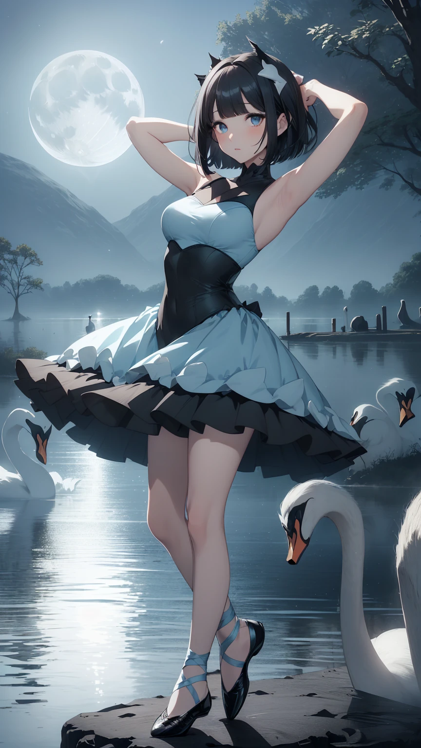 Highest quality, flying debris、Beautiful woman、Black Hair、(Dark blue eyes、Blunt bangs、Blunt bangs)、short hair、beginner,Full body portrait、break(Ballet Dancer、Ballet Dress、Tutu skirt:1.2)、break(((The lake of swan、Moonlit Night:1.3))),Big Breasts、((The fog is thick.))、BREAK((Black and light blue theme:1.2))