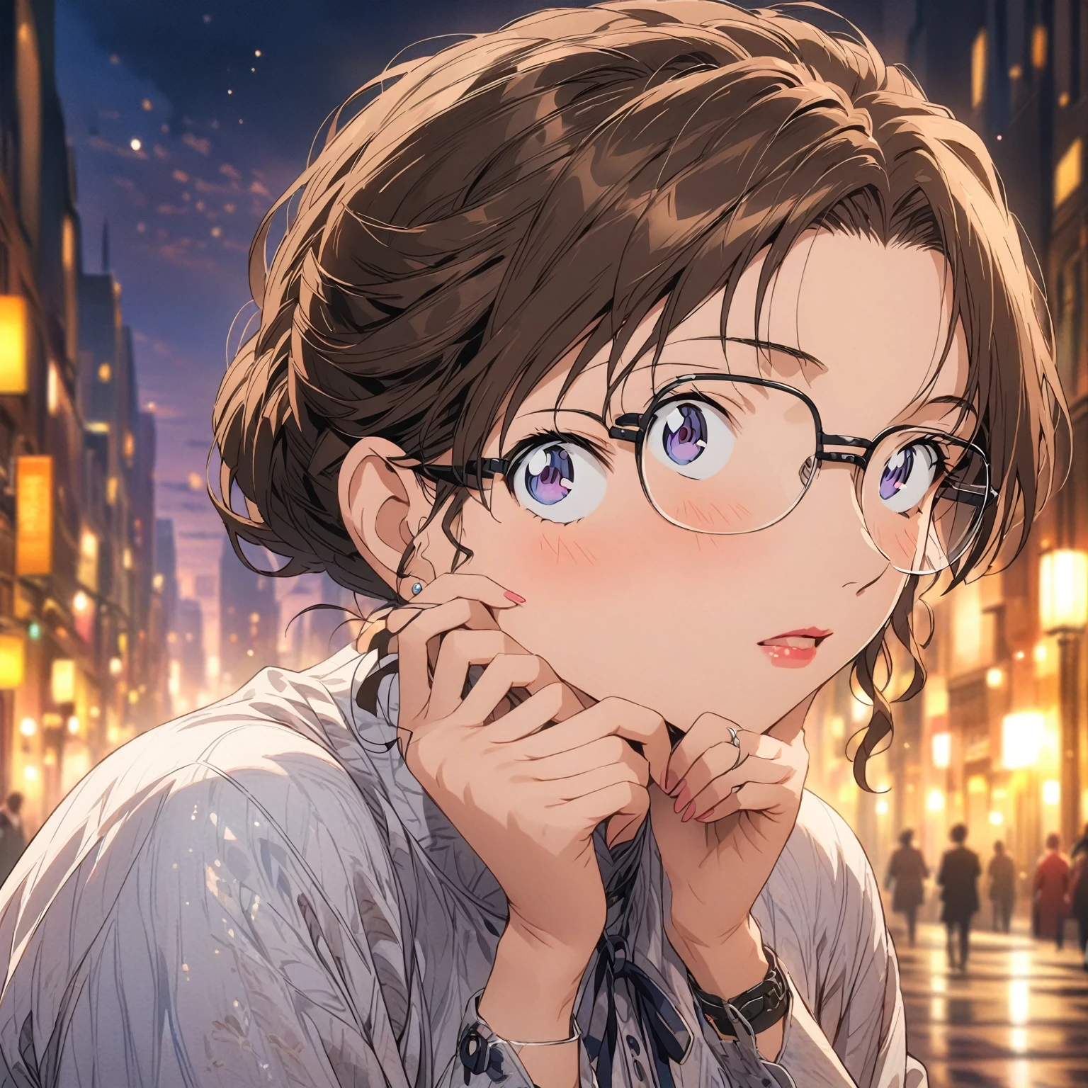 dress,a beautiful woman, brown hair, (solo:1.2),(highest quality,masterpiece:1.2),with glasses,anime style
