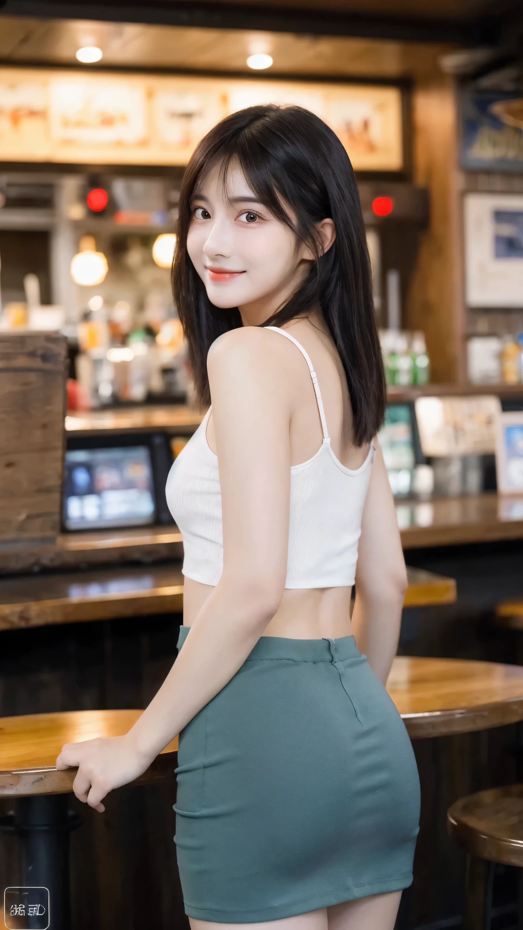 (8k, RAW Photo, Best Quality, Masterpiece:1.2), table top, Ultra Detail, Super Resolution, (Realistic, Realistic Photo:1.37), Portrait, High Detail RAW Color Photo, Professional Photo, Extremely Detailed and Beautiful, Extremely detailed, 8k wallpaper, amazing and detailed, huge file size, official art, highly detailed CG unity 8k wallpaper, highly detailed beautiful girl, highly detailed face, highly detailed eyes, highly detailed skin, highly detailed fingers, highly detailed nose, very detailed detailed mouth , perfect anatomy, highly detailed background, highly detailed clothes, 1girl, ,cute girl, realistic body, fair skin, glowing skin , slim body, handsome body, black hair , Semilong hair, (blunt bangs:1.2), smile, cute, youthful, cute face, realistic face, delicate eyes, drooping eyes, looking at viewer, (from behind), standing posture, Contraposto, dynamic lighting, (medium breasts), (Perfect Body Proportions), (slender Body Proportions), (tank top), (mini skirt), (Inside the pub),