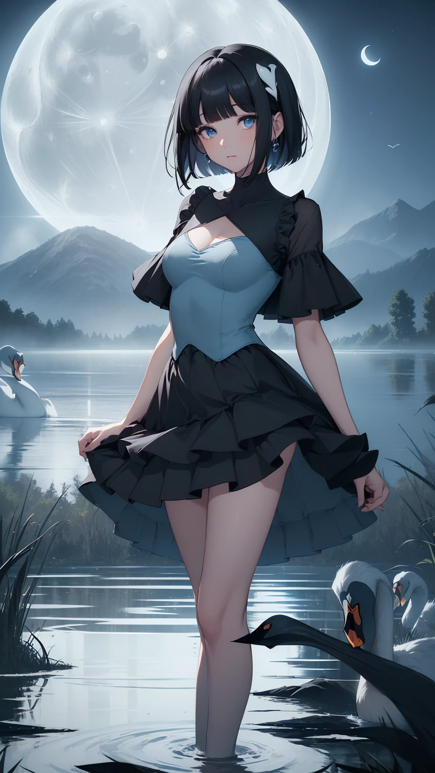 Highest quality, flying debris、Beautiful woman、Black Hair、(Dark blue eyes、Blunt bangs、Blunt bangs)、short hair、beginner,Full body portrait、break(Ballet Dancer、Ballet Dress、Tutu skirt:1.2)、break(((The lake of swan、Moonlit Night:1.3))),Big Breasts、((The fog is thick.))、BREAK((Black and light blue theme:1.2))