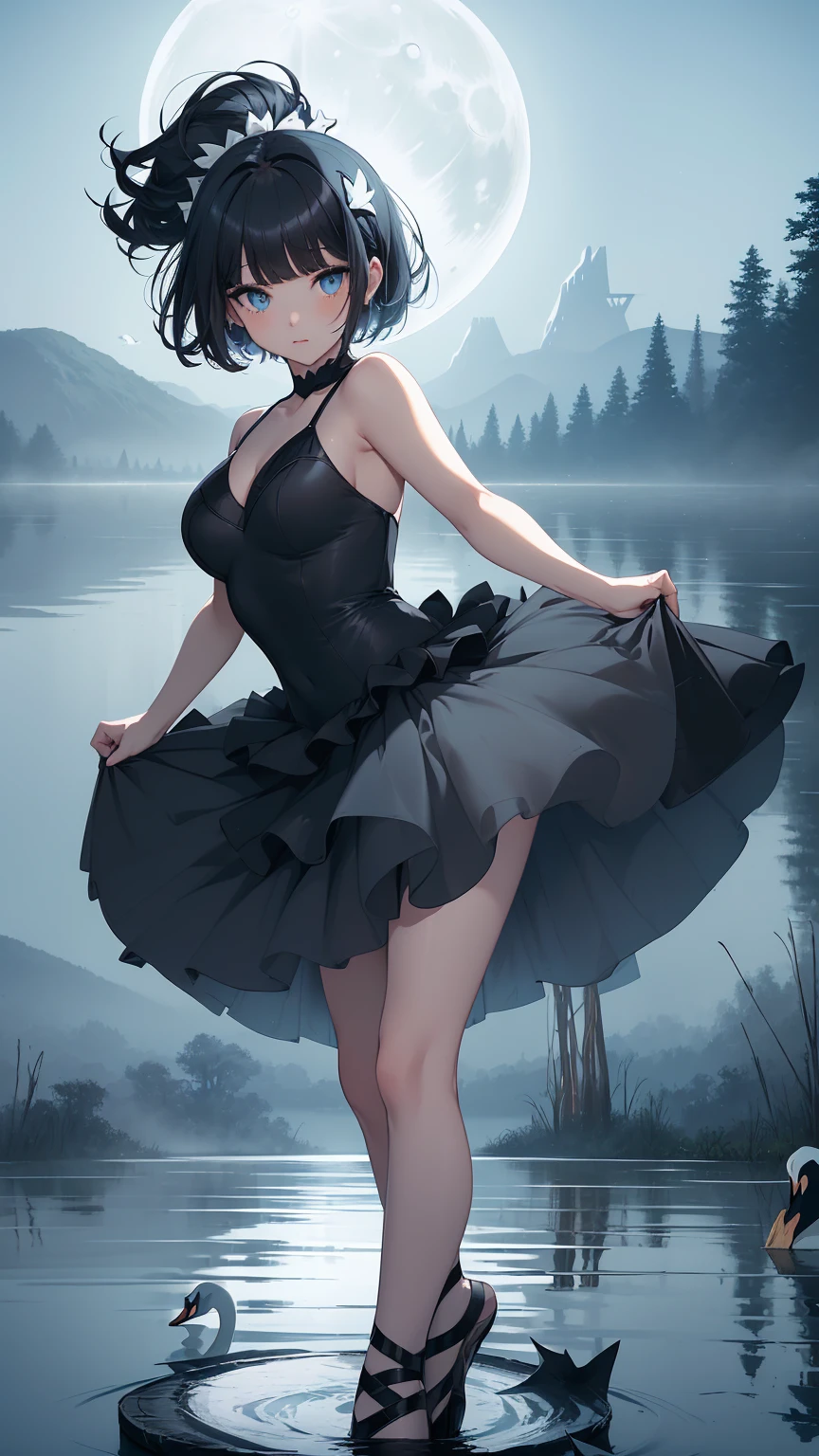 Highest quality, flying debris、Beautiful woman、Black Hair、(Dark blue eyes、Blunt bangs、Blunt bangs)、short hair、beginner,Full body portrait、break(Ballet Dancer、Gorgeous ballet dress、Tutu skirt:1.2)、break(((The lake of swan、Moonlit Night:1.3))),(Big Breasts:1.2)、((The fog is thick.))、BREAK((Black and light blue theme:1.2))