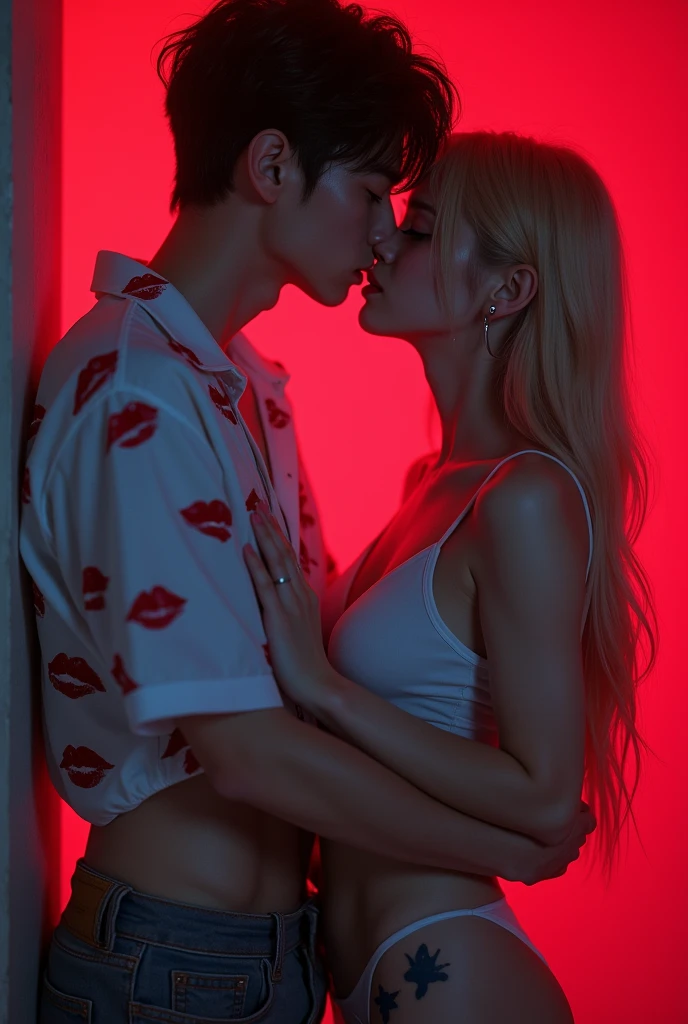 Generate me a picture of a blonde girl with blue eyes with tears in her eyes, a crying butterfly tattoo on the legs of a boy with Korean features with not so slanted eyes with a white shirt full of red lipstick kisses and unbuttoned pants with a lip piercing. Both full body and white skin. In a neon red room, kissing