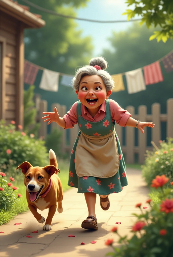 A aunty is chasing a dog