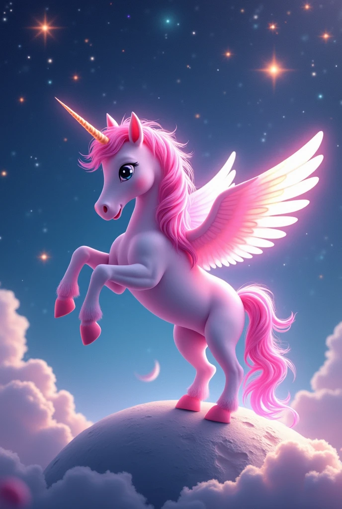 Cute、Unicorn Pegasus、Pink、universe、shooting star、Fantasy、Landing on the Moon
