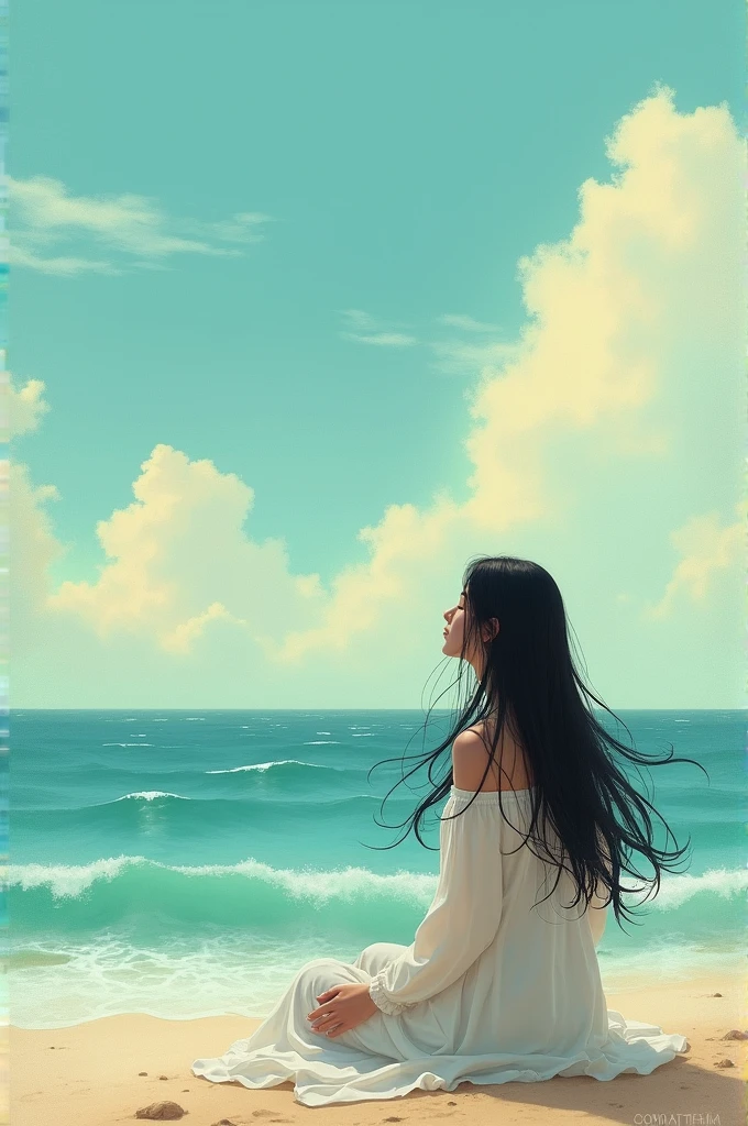 * **Subject:** A woman with long dark hair.
* **Setting:** A beach with a vast ocean.
* **Colors:** Blue, white, with hints of yellow and green.
* **Mood:** Peaceful, serene, and calming.