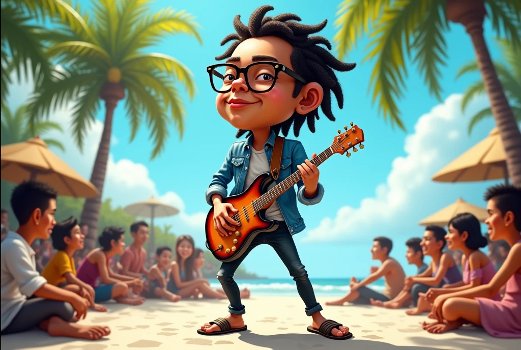 4D caricature of a big head, a 30 year old Indonesian man, white skinned, dreadlocks, wearing glasses, wearing a blue jeans jacket, black jeans and wearing flip flops, playing an electric guitar and singing, daytime background on a white sand beach with many spectators and coconut trees