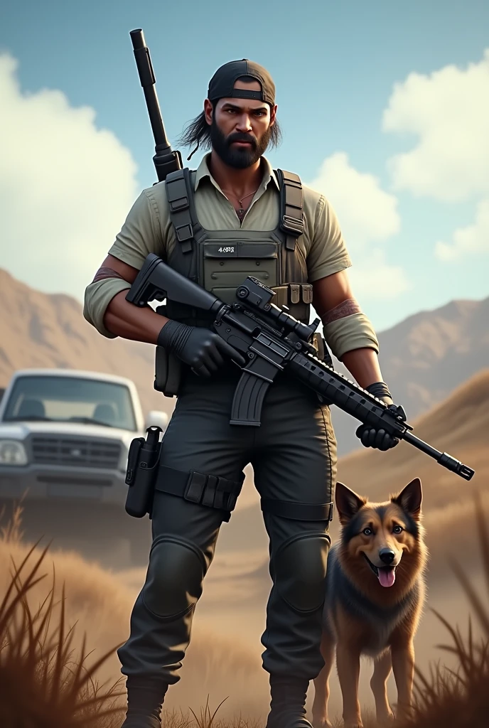 Pubg man with gun and pet and pubg background and car andy face