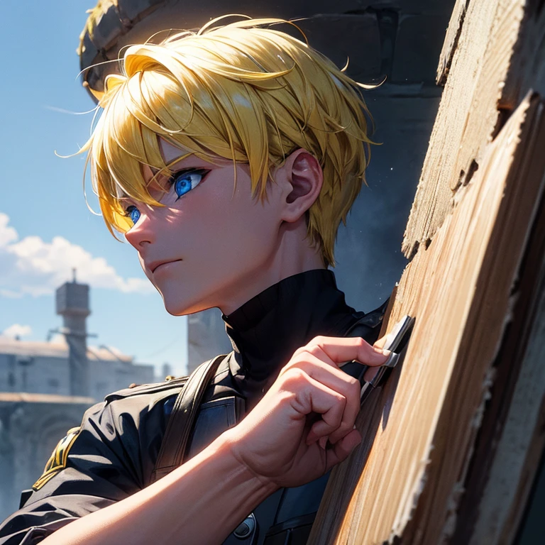 modern soldier is holding paintbrush, high resolution, max detail, 16k, yellow hair, blue eyes