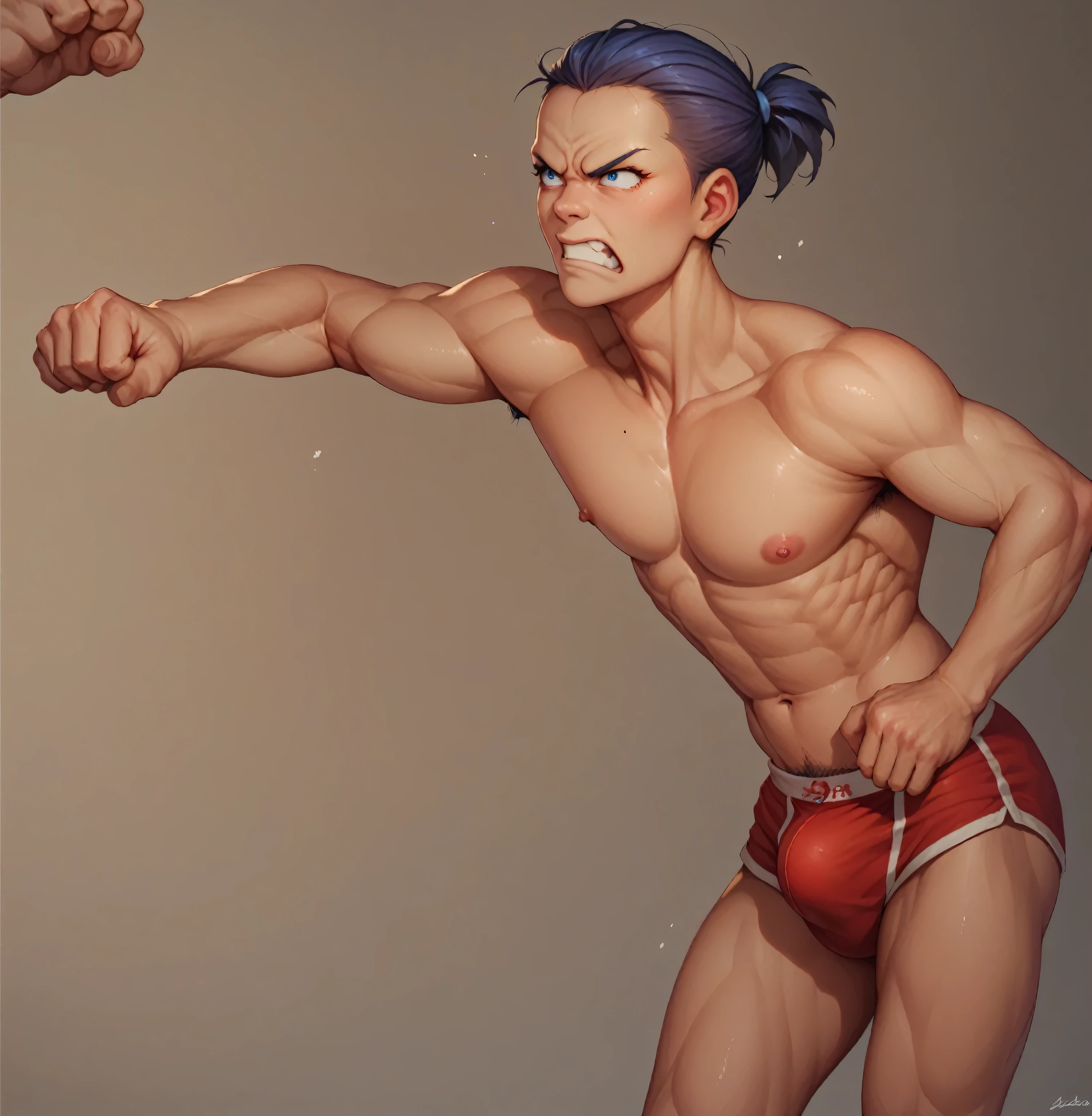 Sokka in japanese traditional underwear, top knot, throwing a punch, determined expression, detailed,  perfect eyes and hands, massive underwear buldge, 