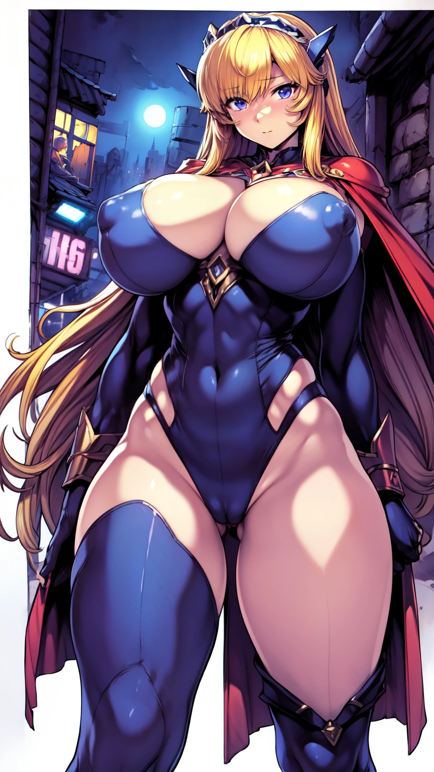 masterpiece, Highest quality,Hero Suit、 leotard, Are standing, View your viewers, Blonde Long Hair, Superhero, boots、Cape,(Are standing、Combat Ready、Huge wide breasts、Cameltoe)、from the front、Big city at night