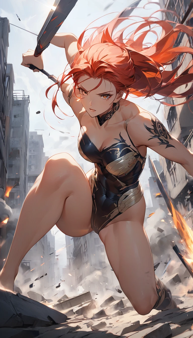 （Giant Elements、High resolution、High resolution、high quality、Accurate body structure、Detailed body、Barefoot woman）、(A brave woman destroys a city:1.6)
