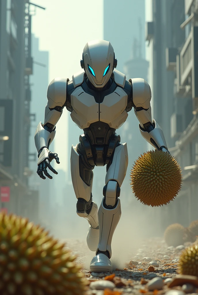 a robot being chased by a telegram while holding a durian
