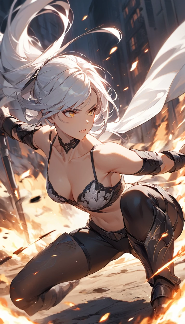 attractive girl wearing nothing. nude naked. She should have a confident and fierce expression, highlighting her agility and strength. The background should depict an urban or battlefield setting, adding a sense of intensity and action. Emphasize her readiness and combat skills while maintaining an alluring appearance. Female Warrior, Action, Intensity, Battlefield.