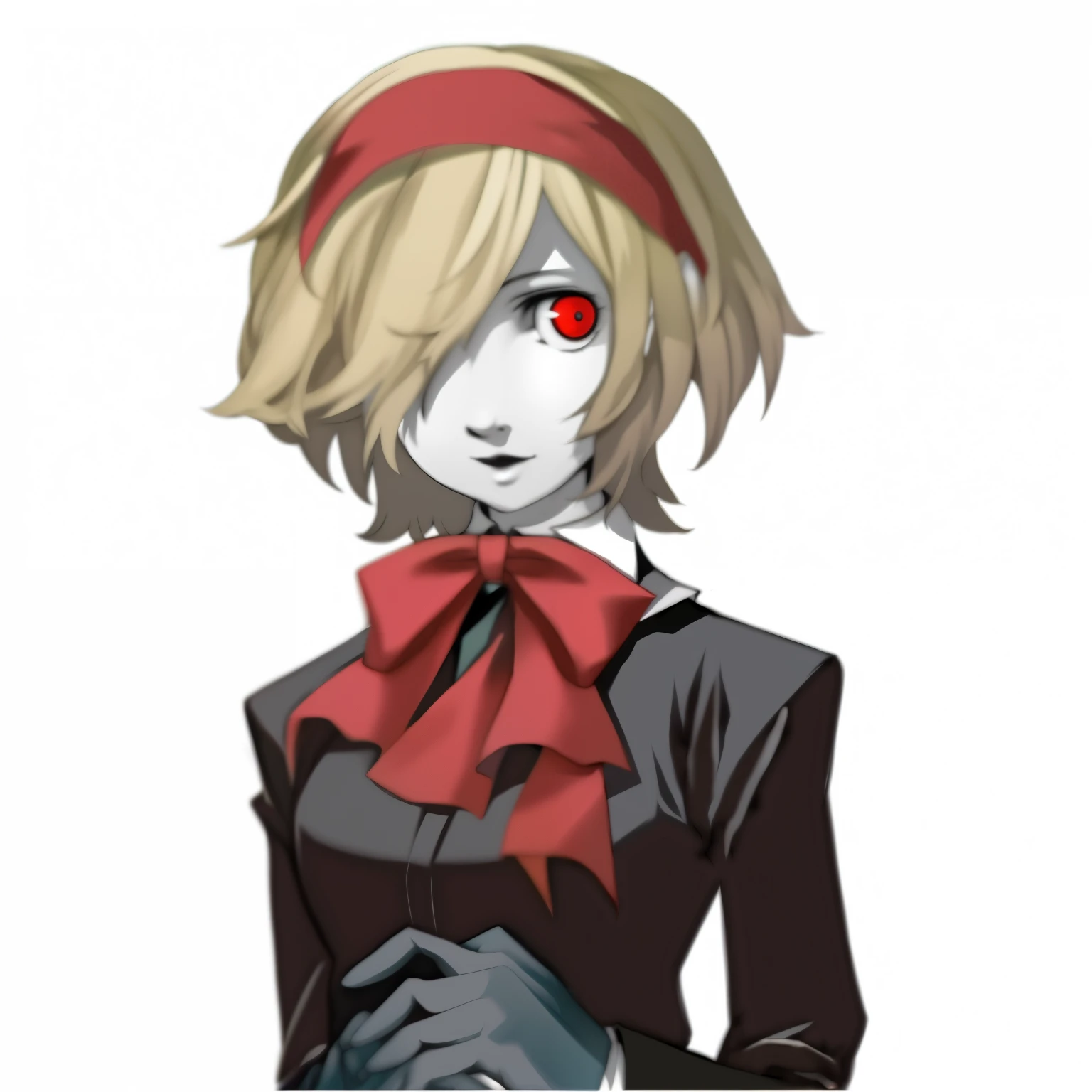 blonde girl with a pale white skin, red hands band, bowtie, school uniforma and gray gloves