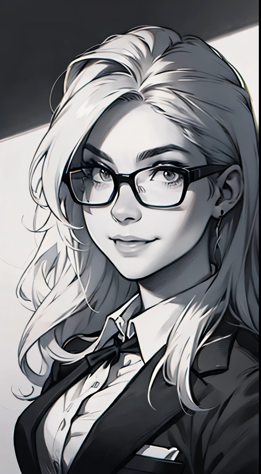 sketch，pencil drawing，Portrait of a young woman，Long wavy hair，Smile，business attire，Glasses，Black and white photo，Black and White Art，Black and white illustration，Ultrafine，The hair is carefully described，The eyes are carefully depicted，Best quality，8K resolution