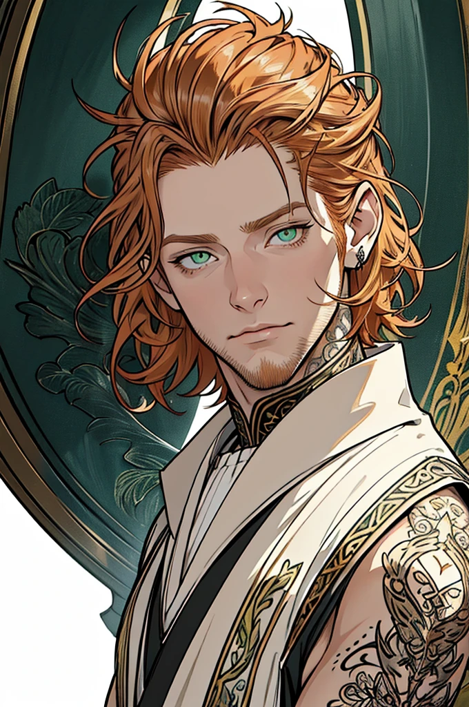 (masterpiece),(Very detailed),(Very detailed),(best quality), perfect lighting, fantasy priest ((short messy ginger hair)), tall, stunning, beautifull face, green eyes, priest clothing, animated style, perfect face, highest detail, stubble, detailed face, intricate details, tattoo on the eyes, expresionless