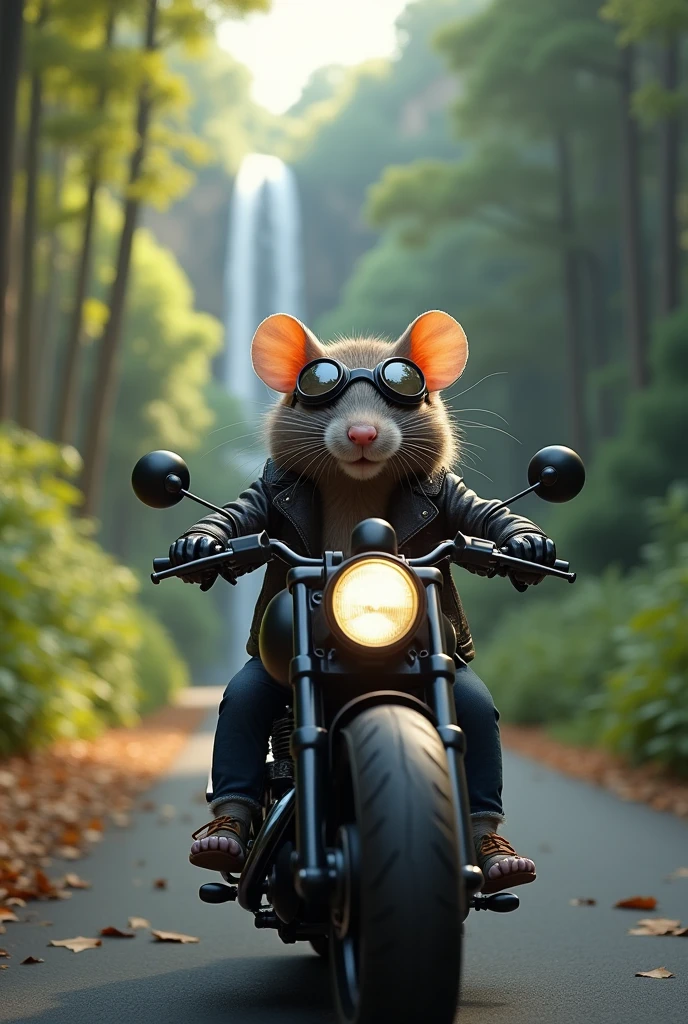 Rat in black bike with water falls and side are full trees