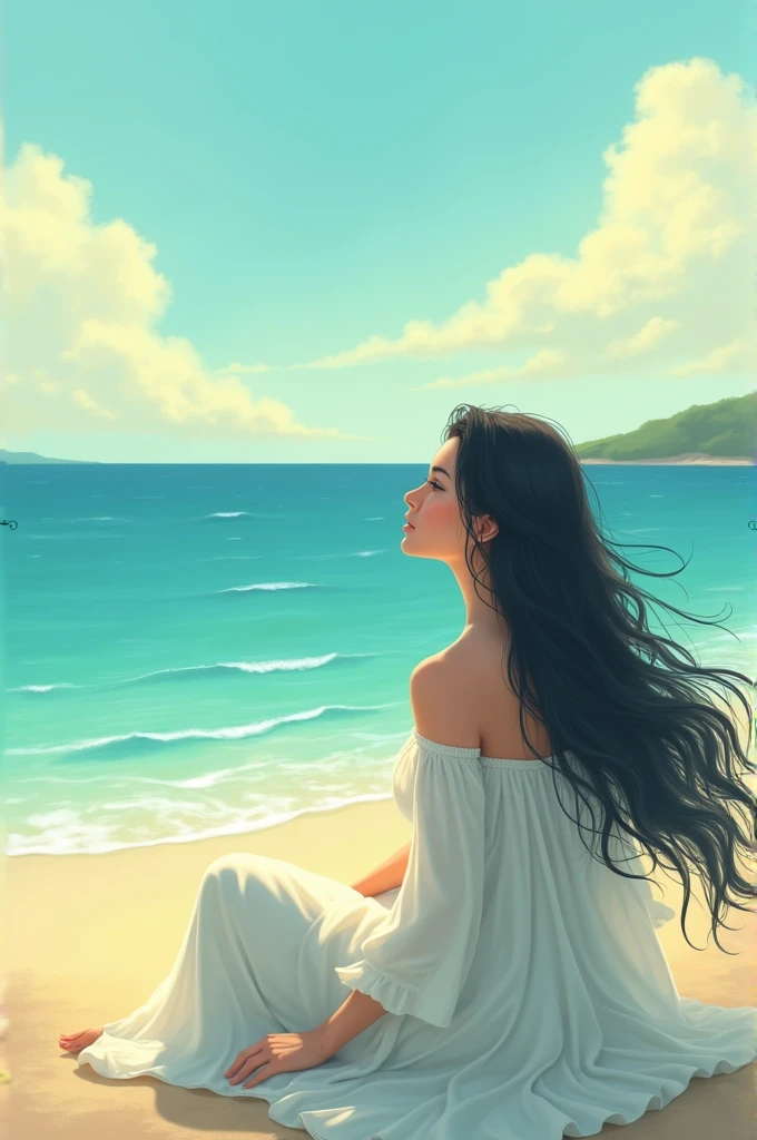 * **Subject:** A woman with long dark hair.
* **Setting:** A beach with a vast ocean.
* **Colors:** Blue, white, with hints of yellow and green.
* **Mood:** Peaceful, serene, and calming.