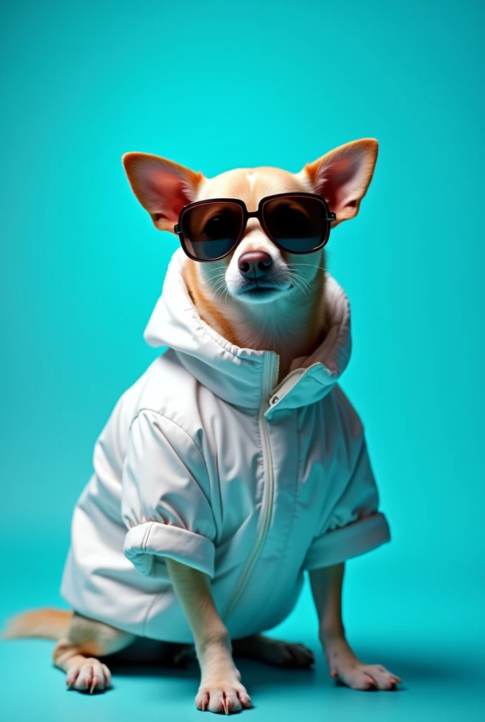 The best cell phone wallpaper, Award-Winning Wallpaper, portrait photography, In the front view is a portrait of a cute dog wearing mid-1960s space age fashion, Side view photo, Shot with Canon EOS R5, Set a strong contrast that accentuates the subject, Fluorescent blue tone, Wearing a very modern coat and sunglasses is a modern 1960s style, Clothes all in one color, beautiful background