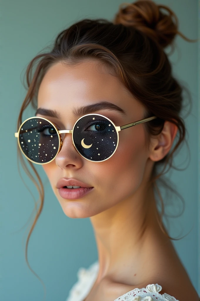 The model is wearing glass sunglasses with stars and the moon on the glass