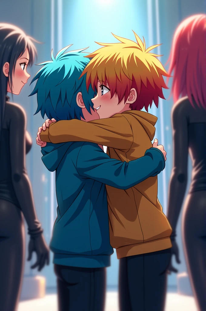Create two children friends hugging each other seen from a back angle one with cyan blue hair and the other boy with yellow hair with red streaks in an installation, surrounded by two girls and they all have black clothes like Lycra, anime style
