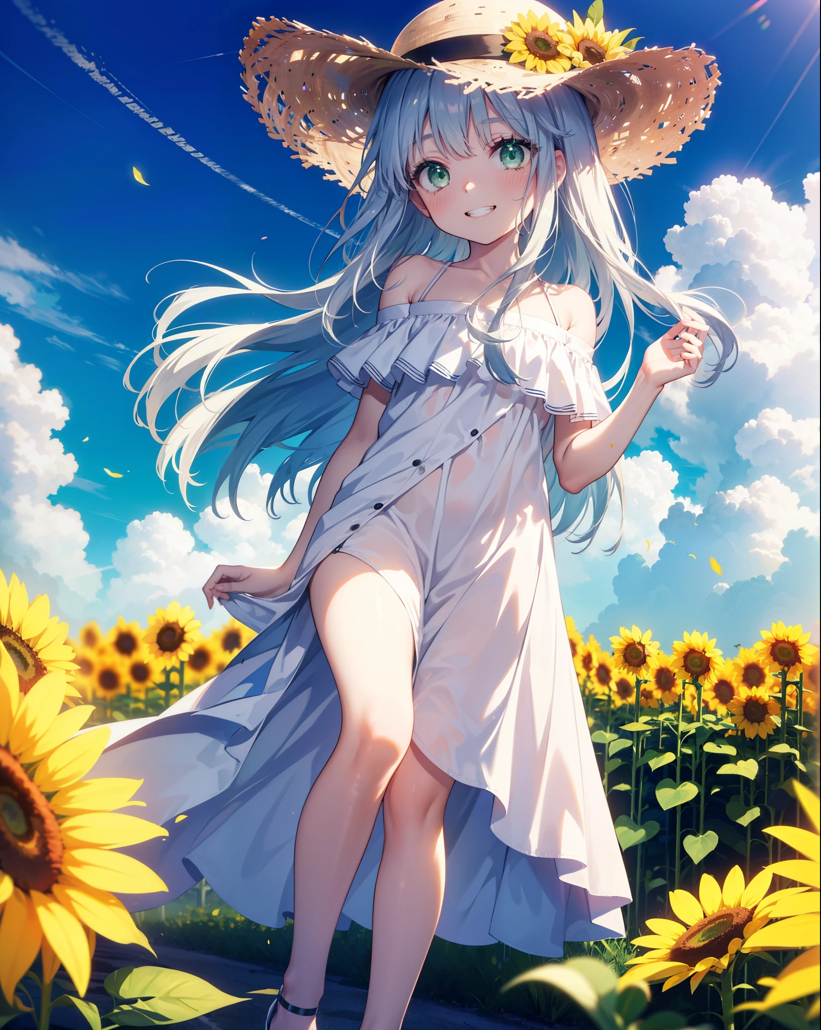 index, index, (Green Eyes:1.5), Silver Hair, Long Hair, (Flat Chest:1.2),smile,Grin,White hat,Off-the-shoulder dress,Short sleeve,Bare shoulders,bare clavicle,Bare neck,mini skirt,Cute heeled sandals,Are standing,True Summer,Clear skies,Daytime,whole bodyがイラストに入るように,
break looking at viewer, whole body,
break outdoors, Sunflower field,
break (masterpiece:1.2), Highest quality, High resolution, unity 8k wallpaper, (shape:0.8), (Fine and beautiful eyes:1.6), Highly detailed face, Perfect lighting, Highly detailed CG, (Perfect hands, Perfect Anatomy),