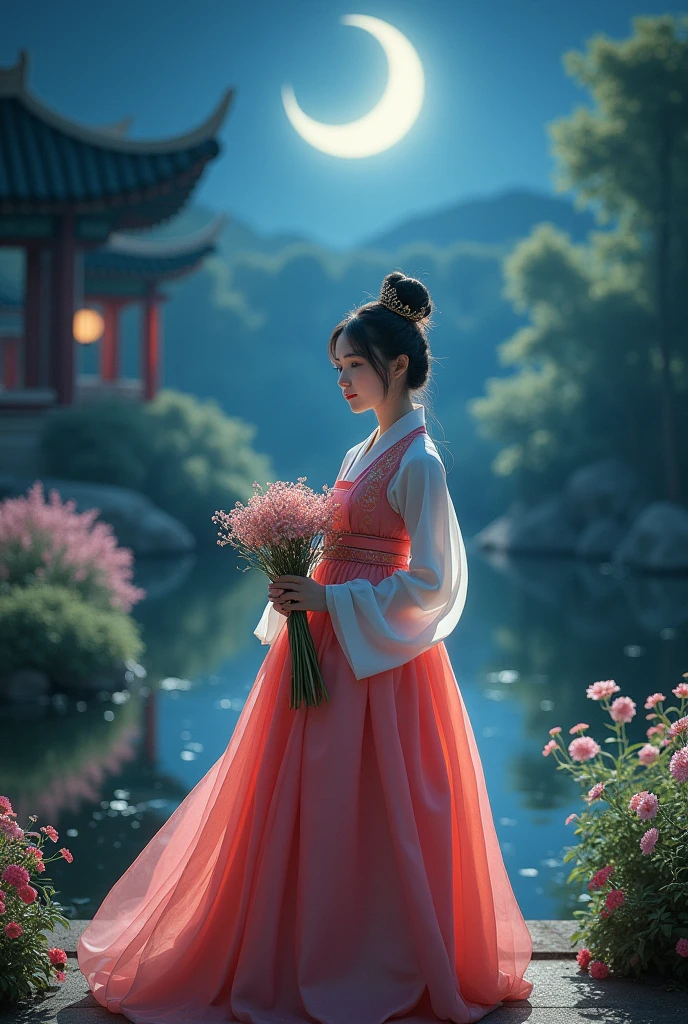 best quality, high_resolution, distinct_image, detailed background ,girl, hanbok,flower,garden,moon, night,dutch angle, wide shot, crown,