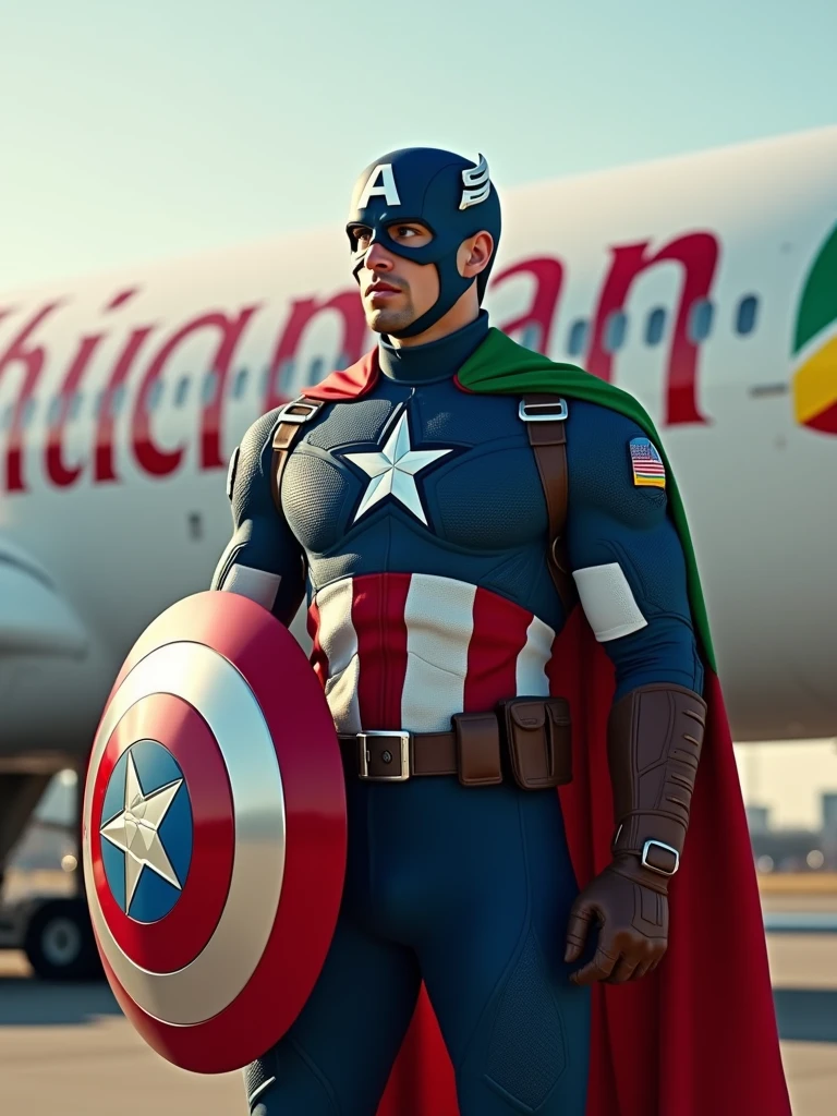 A capitain America dressing ethiopan flag and standing firm infront ofd Ethiopian airlines  plane