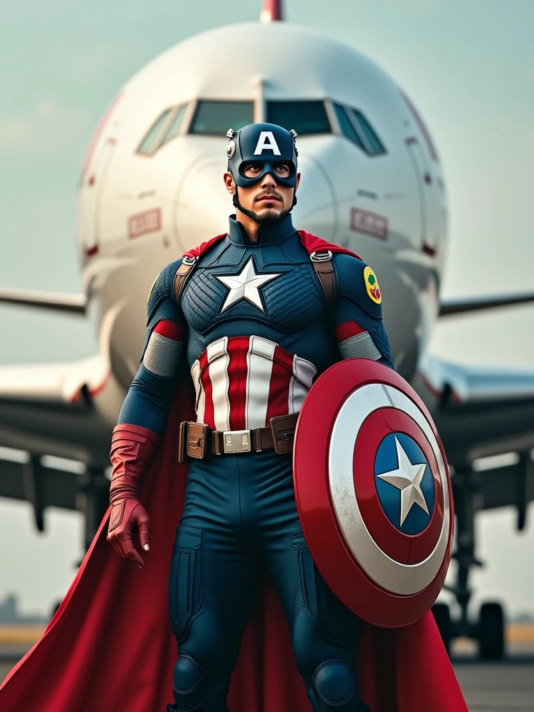 A capitain America dressing ethiopan flag and standing firm infront ofd Ethiopian airlines plane