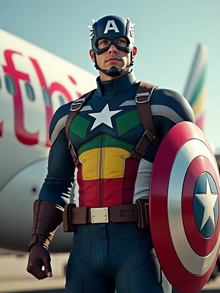 A capitain America dressing ethiopan flag and standing firm infront ofd Ethiopian airlines plane