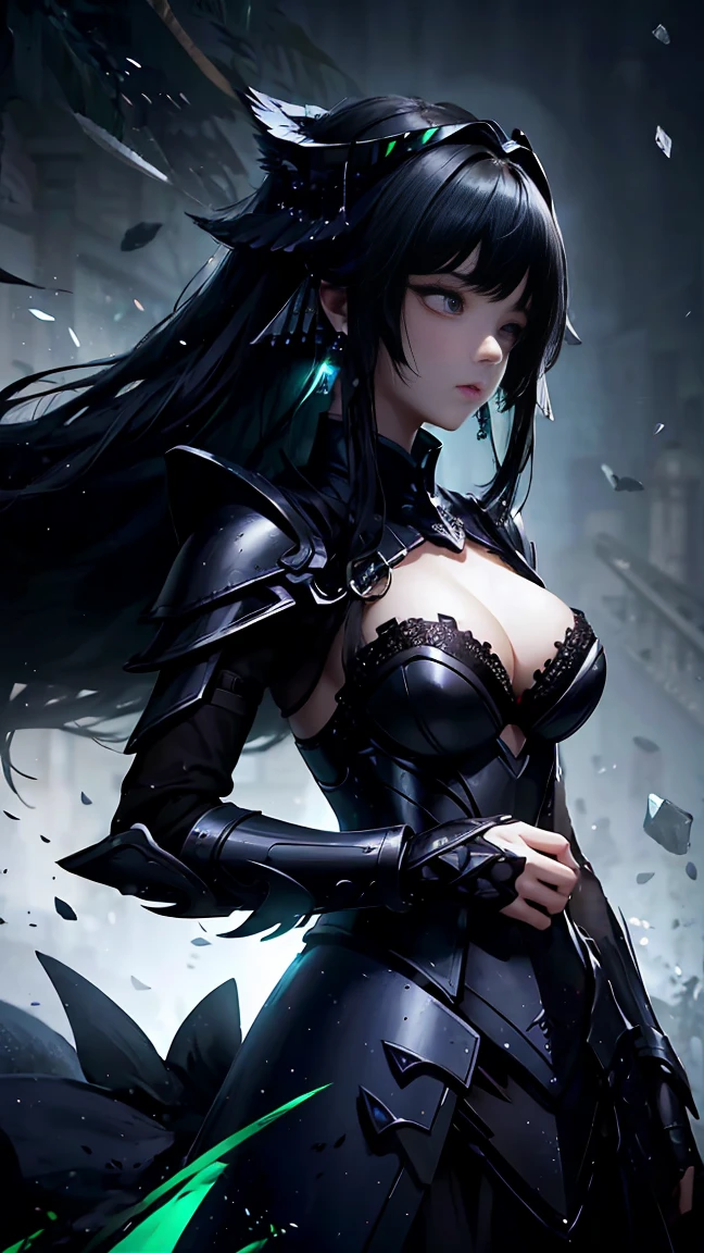 Highest quality、Precision、young woman、Expressionless、knight、Black armor、Earrings、Anthropomorphic crow、Night sky background、Semi-long hair、Black Hair、Green inner color hair、Bust Shot、