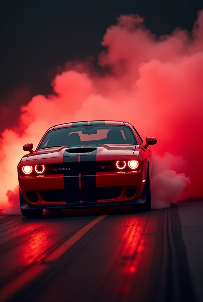 ((best quality)), ((masterpiece)), (detailed), dodge challenger red and white colours tire smoke red headlights speed
dark background