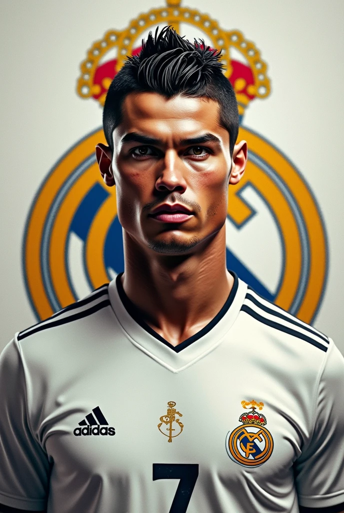 Make a ronaldo photo with a name of MAD.AXP with a shirt no 7 and ronaldo face little bit on left with a real madrid logo on background 