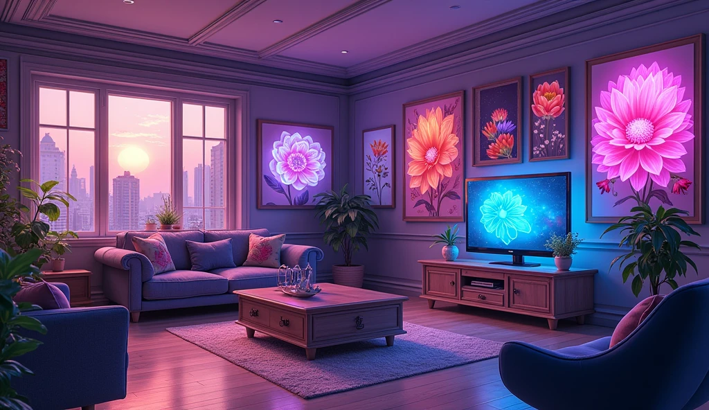 Anime Style、A room decorated with many paintings、cyber-、Flower shaped neon,component、Big Windows