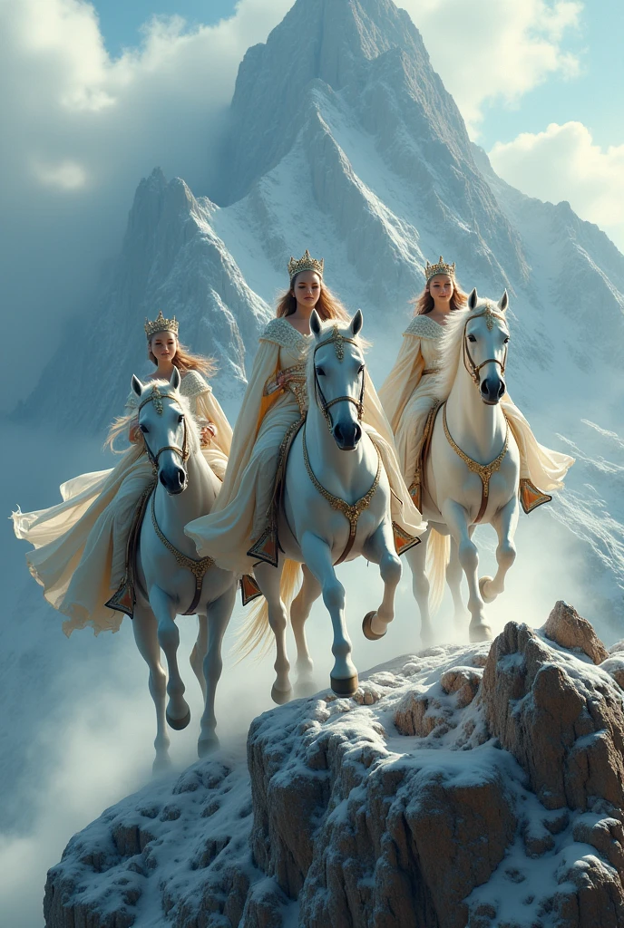 Beautiful queens fleeing over summit on there white fleeing hores