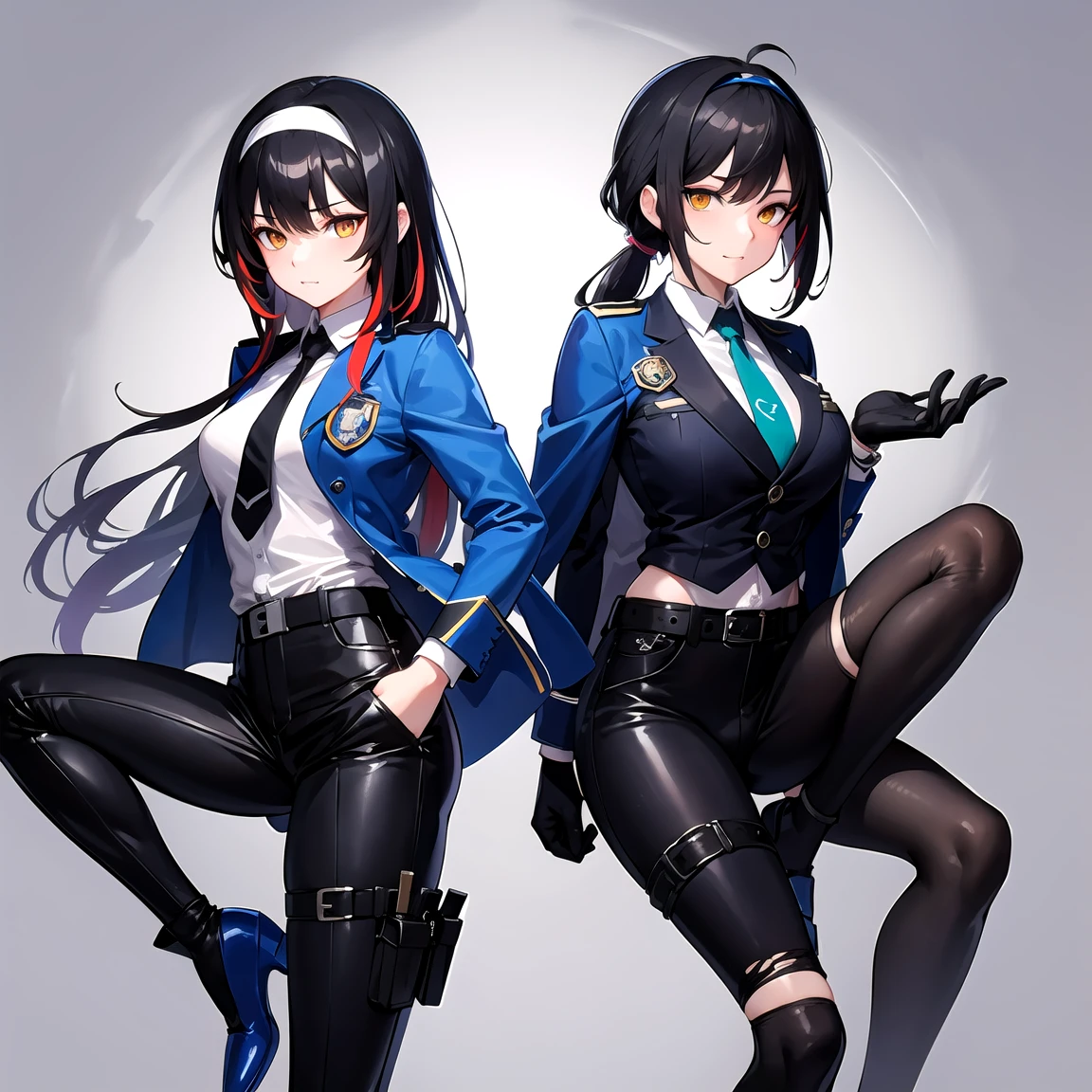 zhu yuan, orange eyes, black hair, long hair, streaked hair, ponytail
metal hairband, police uniform, blue jacket, cropped jacket, long sleeves, black vest, two-tone vest, black gloves, green necktie, plaid necktie, black pants, high-waist pants, belt, thigh straps, knee pads, holster, tight pants, blue footwear