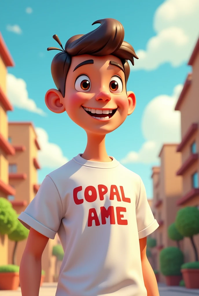 Cartoon character he wears a White shirt his shirt front written name booms
