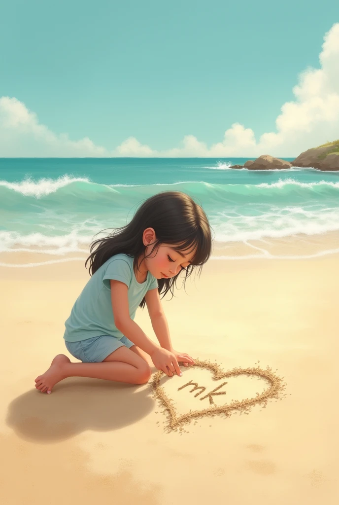 A girl draws a heart on the beach at the seaside，And wrote "mk" In that heart
