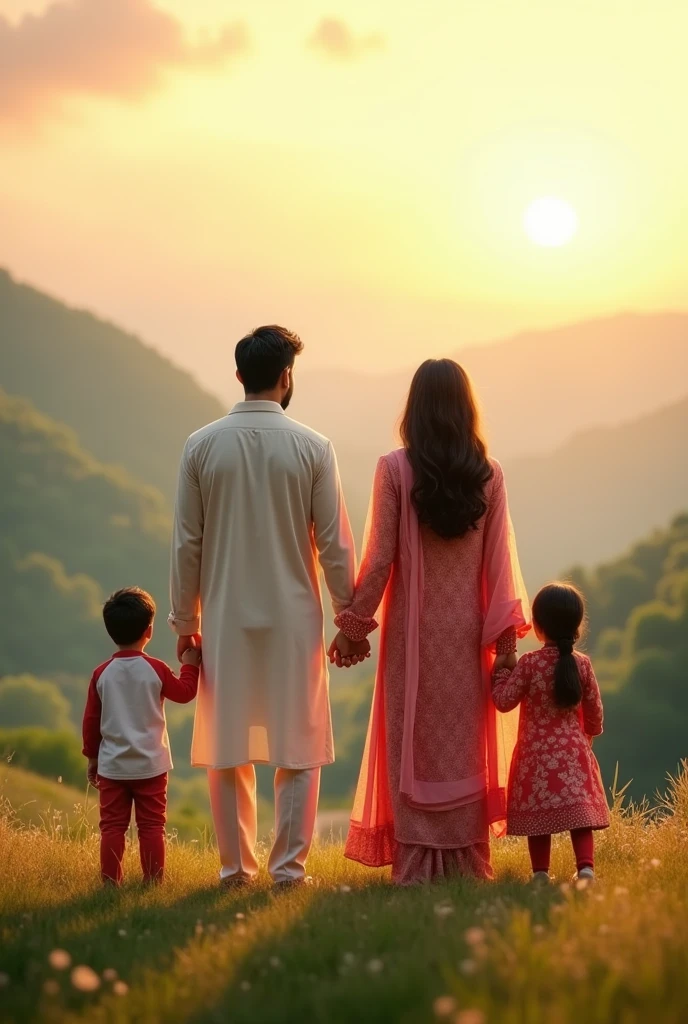 Generate a beautiful scenery in which a guy and a girl have their backs and are holding their hands ghe guy and 2 kids are standing with them one a boy one a girl and all of them are wearing Shalwar kameez have 