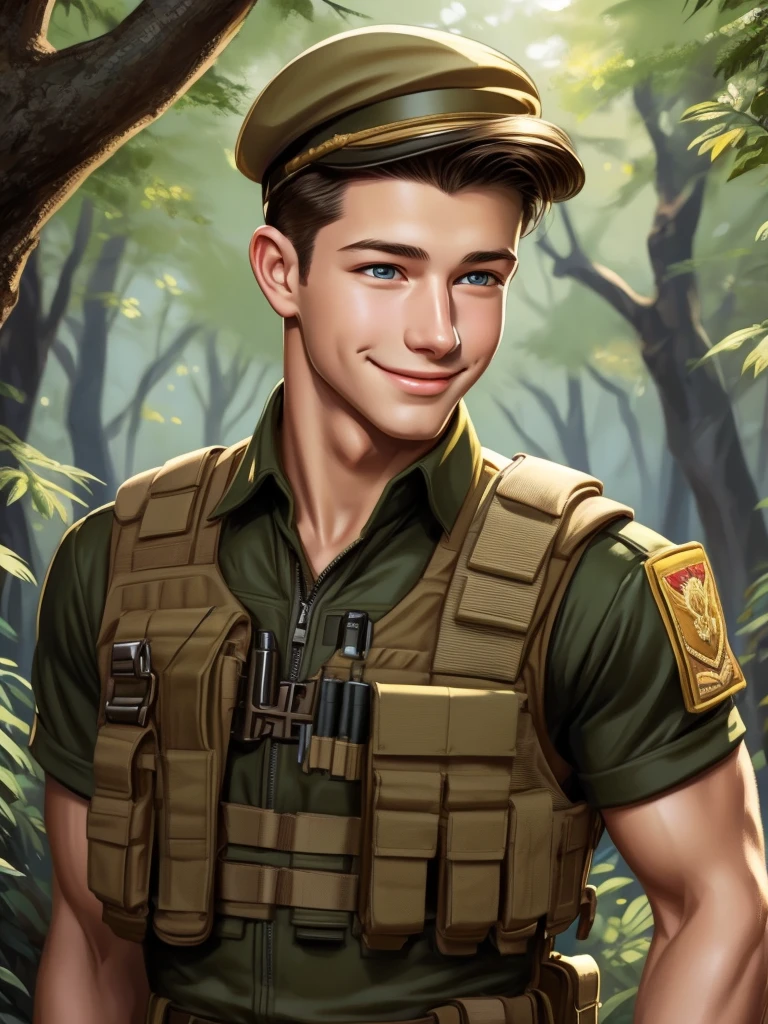 illustration in Leyendecker style; arafed male in a military uniform walking in the woods,model is wearing tactical vest,he is about 20 years old | short,he looks like tye sheridan,jakub gazmercik,aesthetics,pouches,discord moderator,voitv,distinct,teasing_smile,blonde hair,upper_body,portrait,close-up,