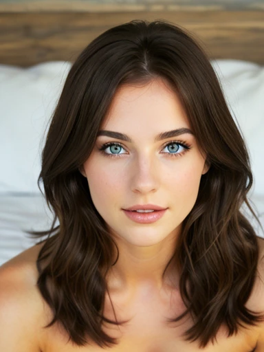 1 woman, (realist:1), Perfect eyes, Brown hair, by the wide, black eyes, happy, sexy pose, Whole body, model, Topless