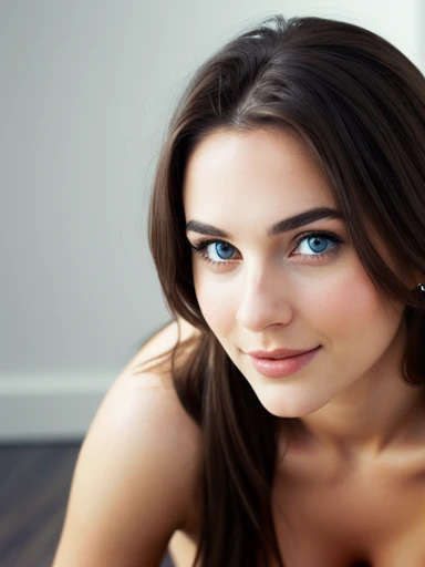 1 woman, (realist:1), Perfect eyes, Brown hair, by the wide, black eyes, happy, sexy pose, Whole body, model, Topless