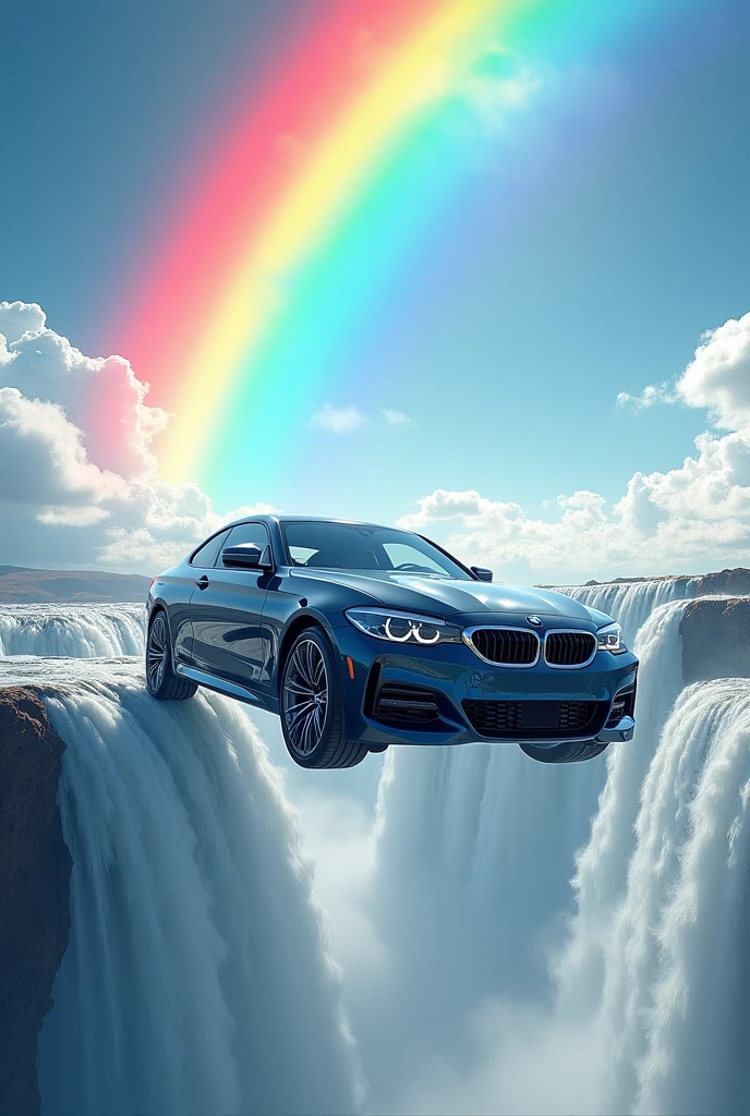 bmw car in sky in rainbow and fall water in bmw
