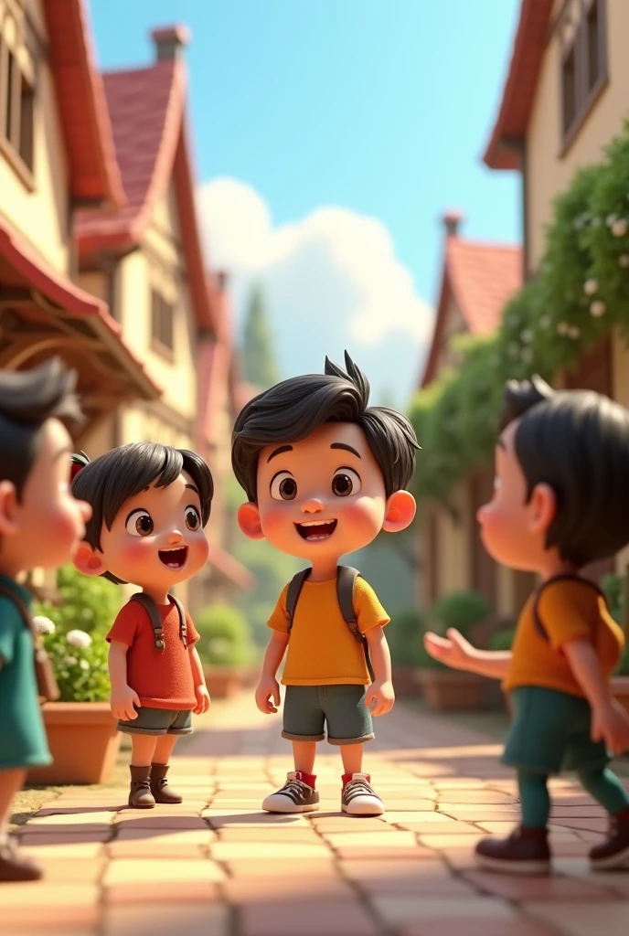 1 boy talking to the some  village3d cartoon 3d animation 