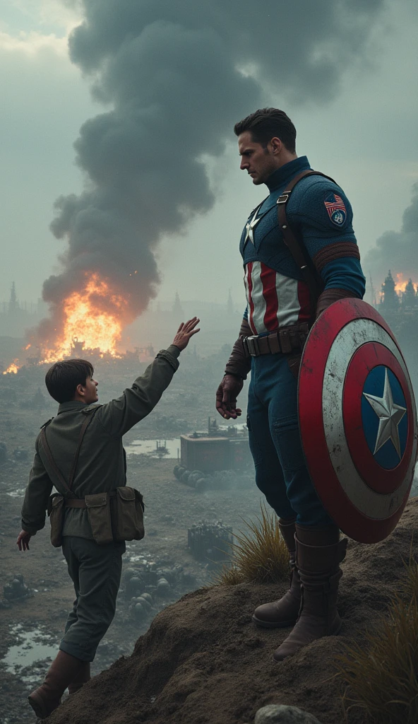 Captain America is depicted standing in the foreground of a World War II battlefield, reaching out with his right hand towards a moment frozen in time where Bucky Barnes is in mortal danger. The focus is on the tension and emotion in this pivotal moment.Captain America is shown in full color, his iconic red, white, and blue suit vividly contrasted against the monochromatic, muted tones of the battlefield around him. His shield, slightly slung over his back, catches a subtle golden light from an unseen source, emphasizing its importance. Bucky, in his WWII uniform, is depicted clinging to the edge of a cliff, his face a mixture of fear and determination, with dirt and blood smudging his features. The environment should show debris, scattered weapons, and explosions frozen mid-air, with a smokey, war-torn landscape fading into the background. Captain America is positioned slightly to the right of the center, drawing the viewer’s eye towards his outstretched hand and the frozen scene of Bucky. The perspective should be slightly low, looking up at Captain America to emphasize his internal struggle and the weight of his decision. In the background, soldiers and war machines are locked in combat, all frozen in time.The battlefield is a chaotic mix of destruction—trenches, shattered trees, and craters filled with stagnant water. The sky is overcast with thick, dark clouds, hinting at an impending storm, with occasional flickers of lightning illuminating the scene. Smoke and dust hang in the air, adding to the sense of stillness and suspension of time.Referências Emocionais: The atmosphere is heavy with sorrow and urgency. Captain America’s face is etched with deep lines of worry and conflict, his eyes filled with a sense of helplessness as he considers altering a critical moment in time. His body language reflects hesitation, with his feet firmly planted yet his upper body leaning forward, torn between action and inaction.The image should balance the complexity of the batt