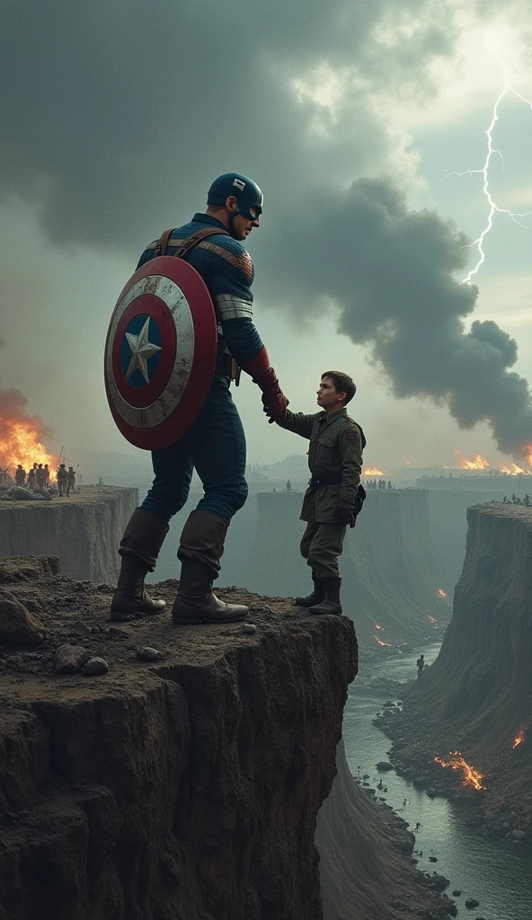 Captain America is depicted standing in the foreground of a World War II battlefield, reaching out with his right hand towards a moment frozen in time where Bucky Barnes is in mortal danger. The focus is on the tension and emotion in this pivotal moment.Captain America is shown in full color, his iconic red, white, and blue suit vividly contrasted against the monochromatic, muted tones of the battlefield around him. His shield, slightly slung over his back, catches a subtle golden light from an unseen source, emphasizing its importance. Bucky, in his WWII uniform, is depicted clinging to the edge of a cliff, his face a mixture of fear and determination, with dirt and blood smudging his features. The environment should show debris, scattered weapons, and explosions frozen mid-air, with a smokey, war-torn landscape fading into the background. Captain America is positioned slightly to the right of the center, drawing the viewer’s eye towards his outstretched hand and the frozen scene of Bucky. The perspective should be slightly low, looking up at Captain America to emphasize his internal struggle and the weight of his decision. In the background, soldiers and war machines are locked in combat, all frozen in time.The battlefield is a chaotic mix of destruction—trenches, shattered trees, and craters filled with stagnant water. The sky is overcast with thick, dark clouds, hinting at an impending storm, with occasional flickers of lightning illuminating the scene. Smoke and dust hang in the air, adding to the sense of stillness and suspension of time.Referências Emocionais: The atmosphere is heavy with sorrow and urgency. Captain America’s face is etched with deep lines of worry and conflict, his eyes filled with a sense of helplessness as he considers altering a critical moment in time. His body language reflects hesitation, with his feet firmly planted yet his upper body leaning forward, torn between action and inaction.The image should balance the complexity of the batt