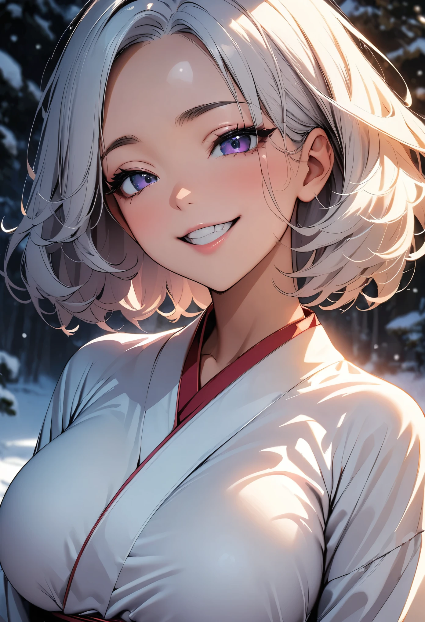 Snow Woman, Beautiful woman in white kimono, Detailed face, Long eyelashes, Graceful pose, Captivating smile, ((crazy smile)), Tilt your head, kimono, sexy, Smooth Skin, Cinema Lighting, Calm colors, Face Close Up, Big Breasts, Snow Scene, Beautiful face details, (Highest quality:1.2, Very detailed, Latest, Vibrant, Ultra-high resolution, High Contrast, masterpiece:1.2, Best aesthetics), (((1 person))), Carefully drawn, Nervousness and excitement, Snowy forest background, Soft Focus, Cinema Lighting, Exquisite detail