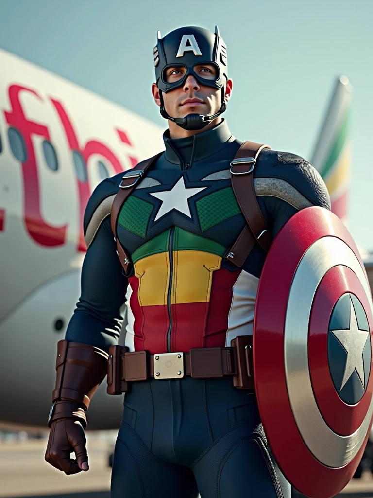 A capitain America dressing ethiopan flag and standing firm infront ofd Ethiopian airlines plane